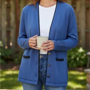 Vtg Cardigan Sweater Long Sleeves Open Crochet Cuffs USA Shoulder Pads Size XL